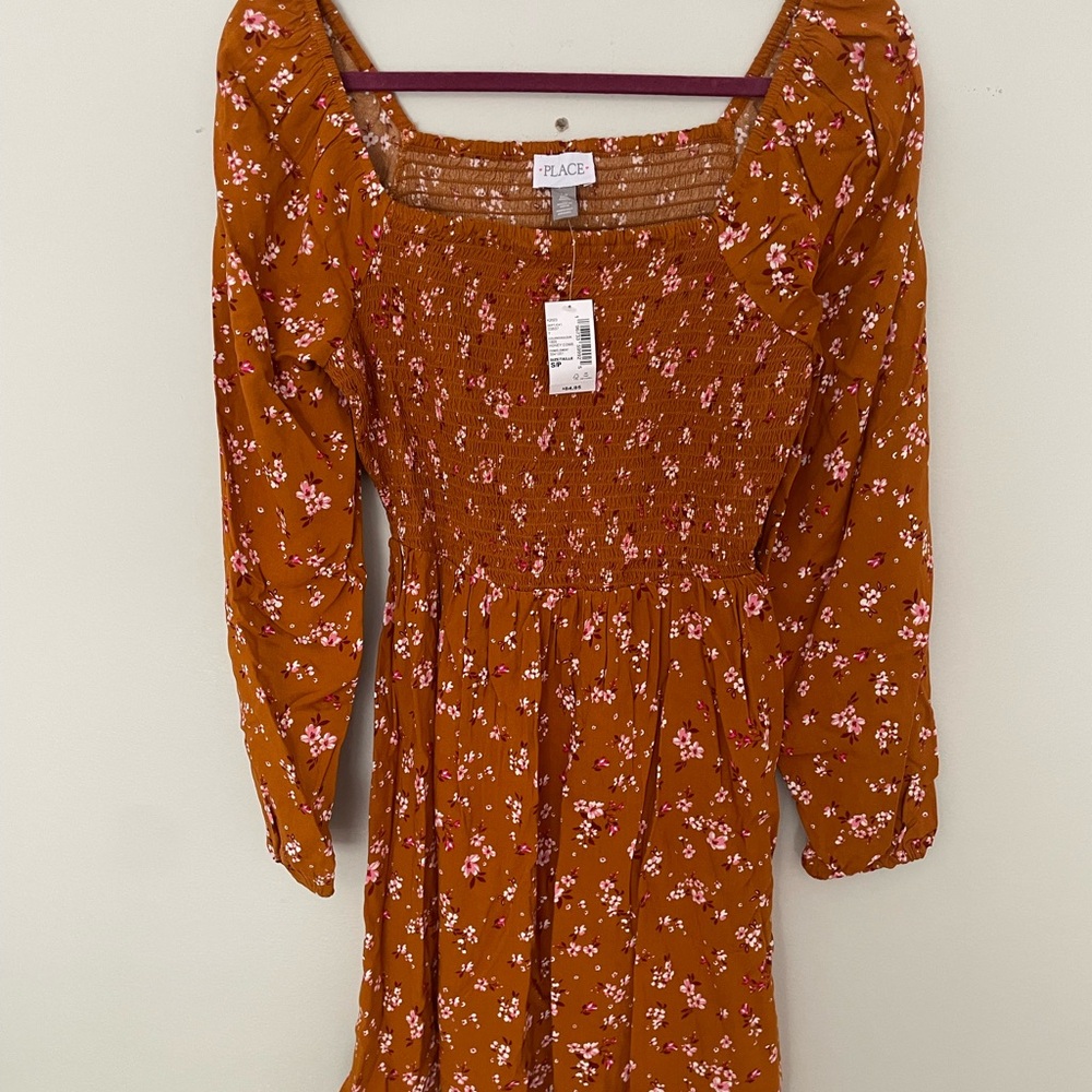 Place Brown and Orange Smocked Sundress with Bishop Sleeves